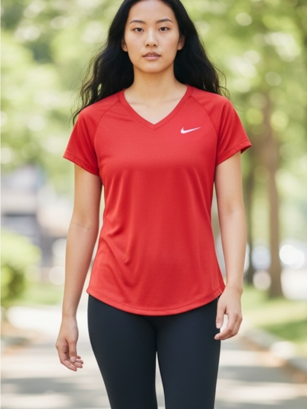 Nike Women's V-Neck Red Short Sleeve Dri-FIT Tee